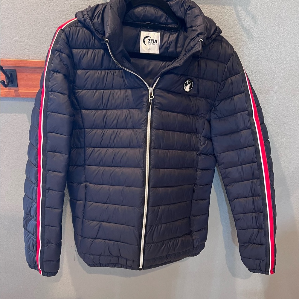 ZYIA Telluride Puffer Jacket Navy with Red Stripes